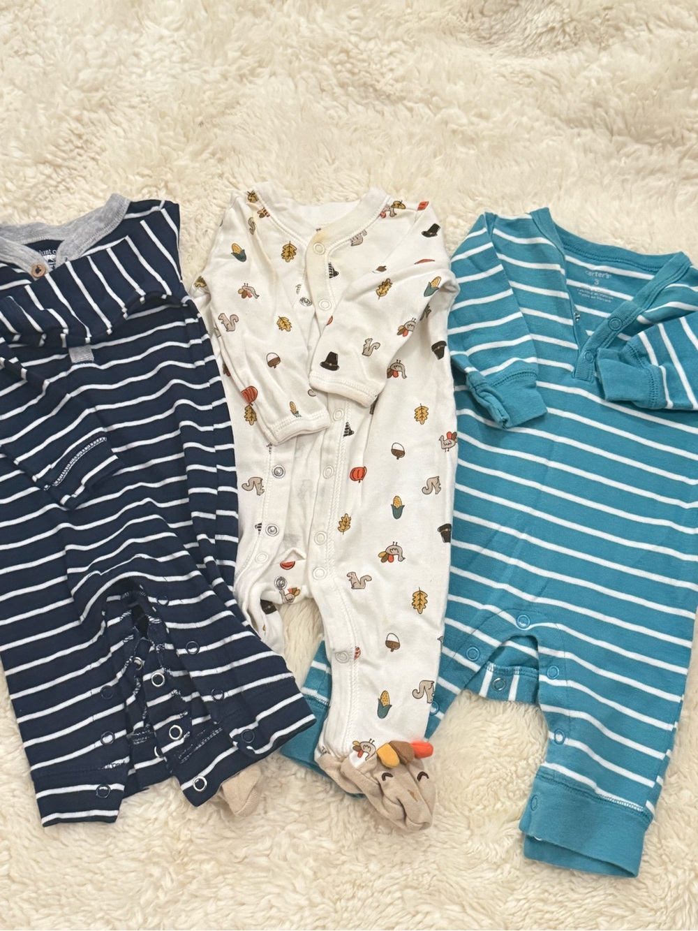 Carter's Navy, Teal & White Striped and Patterned Baby Footies Set
